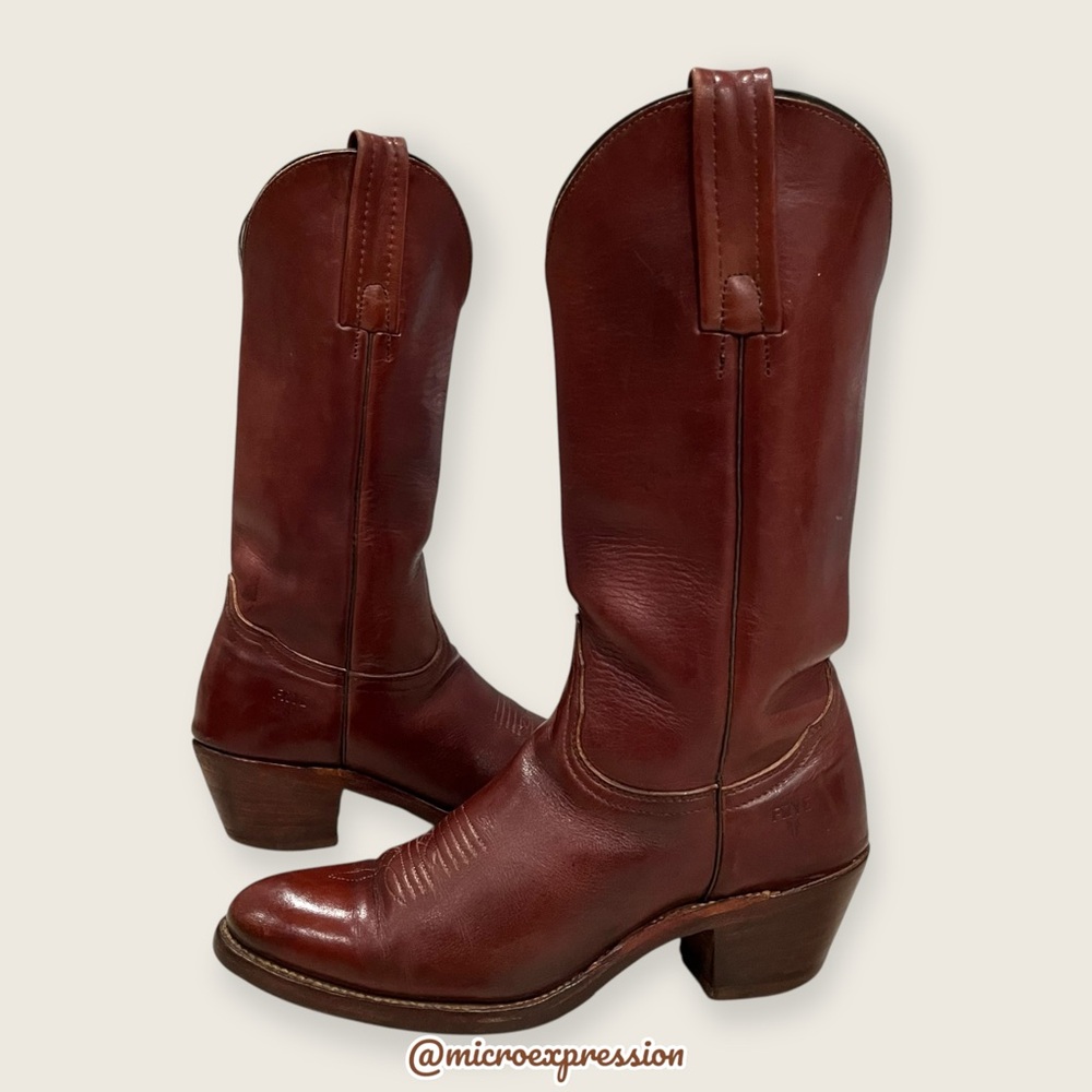VINTAGE 1970s Frye Brown Leather Low Heel Western Boho Prairie Fall Cowboy Boot